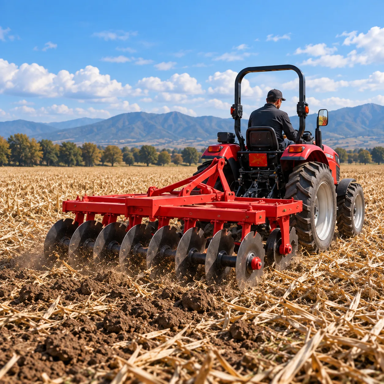 Red tractor pulling a disc harrow through a harvested field