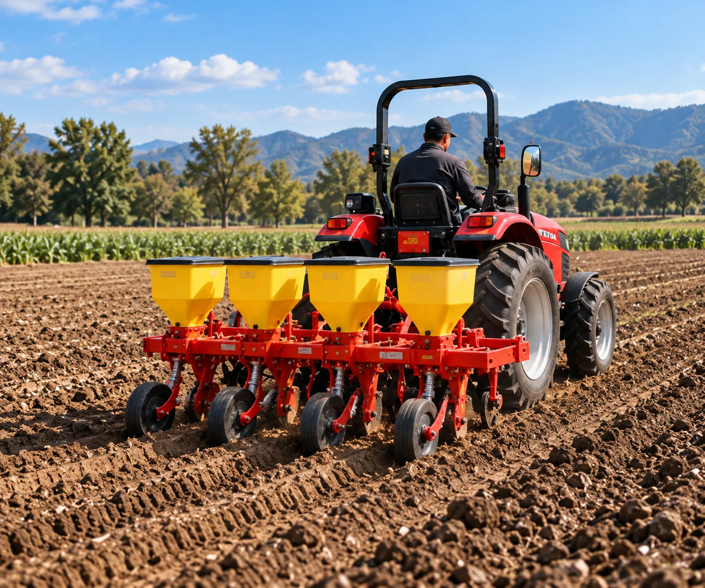 Red tractor pulling a four-row planter across a field