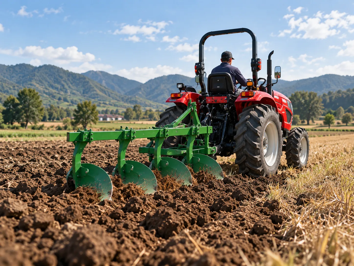 Red tractor pulling a green moldboard plow to turn the soil