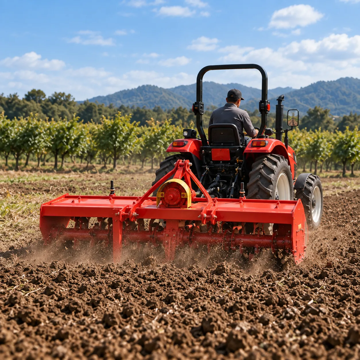 Red tractor using a rotary tiller to work the soil