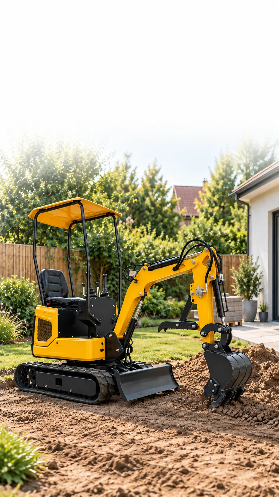 Miniexcavadora Yellow RF-10 de 1 tonelada en una obra de paisajismo de un jardín residencial