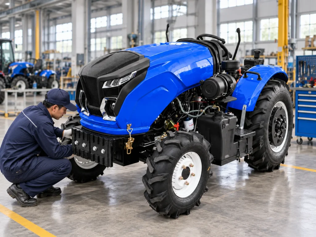 Técnico revisando una fijación de la rueda trasera de un tractor rojo modelo 504 con cabina y 50 hp