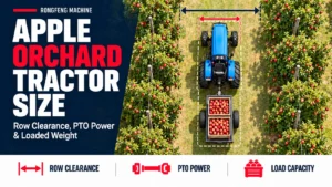 Apple orchard tractor size guide cover with a top-down orchard clearance diagram and a blue tractor towing apple bins
