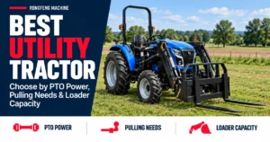 Blue utility tractor with a front loader and pallet forks beside a farm field