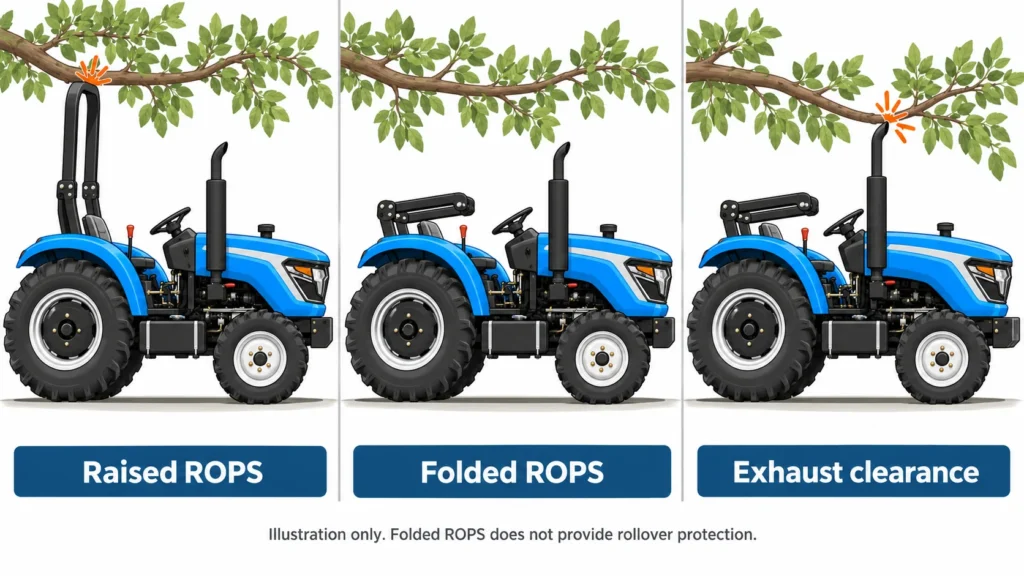 Diagram comparing orchard tractor clearance with raised ROPS, folded ROPS and an upright exhaust