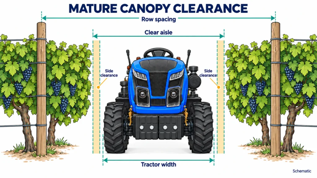 Diagram showing how mature vine canopies reduce the clear aisle and side clearance around a narrow tractor