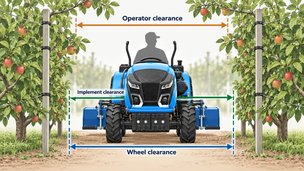 Diagram showing orchard tractor row clearance measured at wheel, implement and operator height