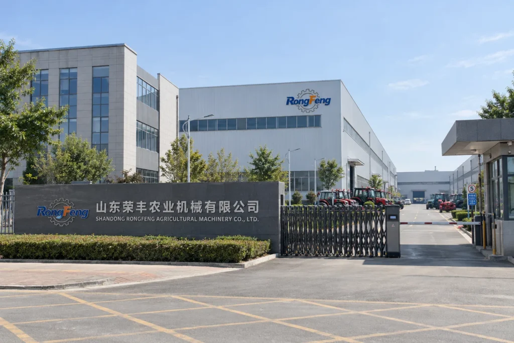 Ingresso dello stabilimento della Shandong Rongfeng Agricultural Machinery con l'insegna dell'azienda e i trattori nel cortile
