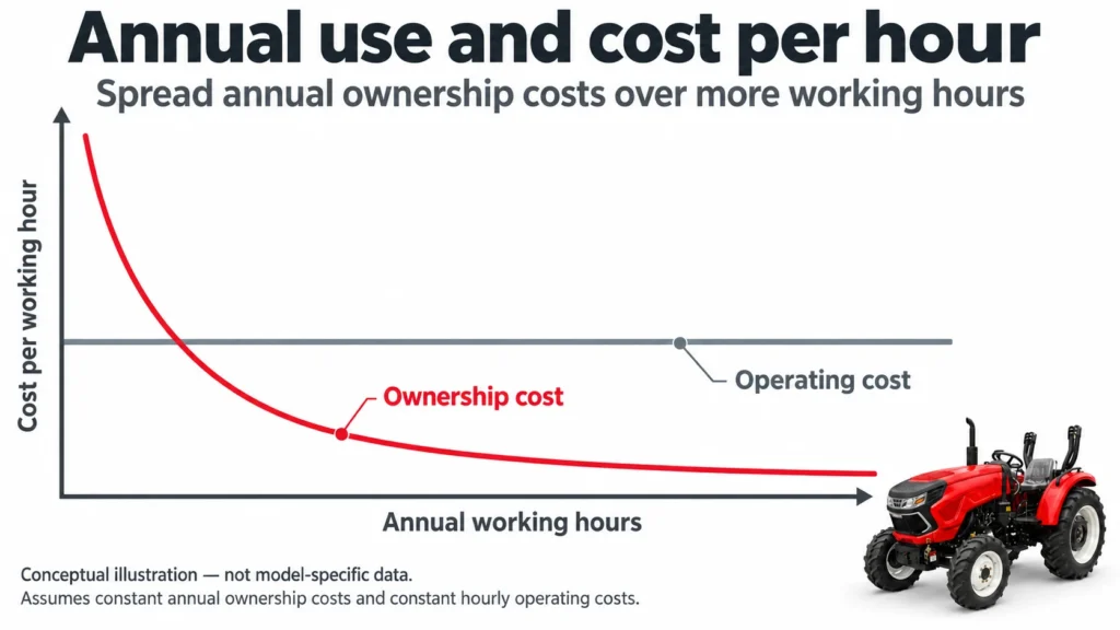 Farm tractor cost per hour chart showing ownership cost spread over more annual working hours while hourly operating cost stays constant