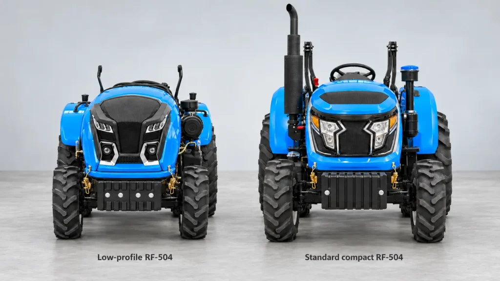 Front-view comparison of a low-profile RF-504 tractor and a standard compact RF-504 tractor