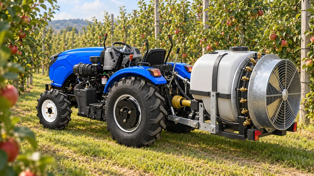 Illustration of a blue low-profile tractor with a mounted air-blast sprayer in a trellised apple orchard