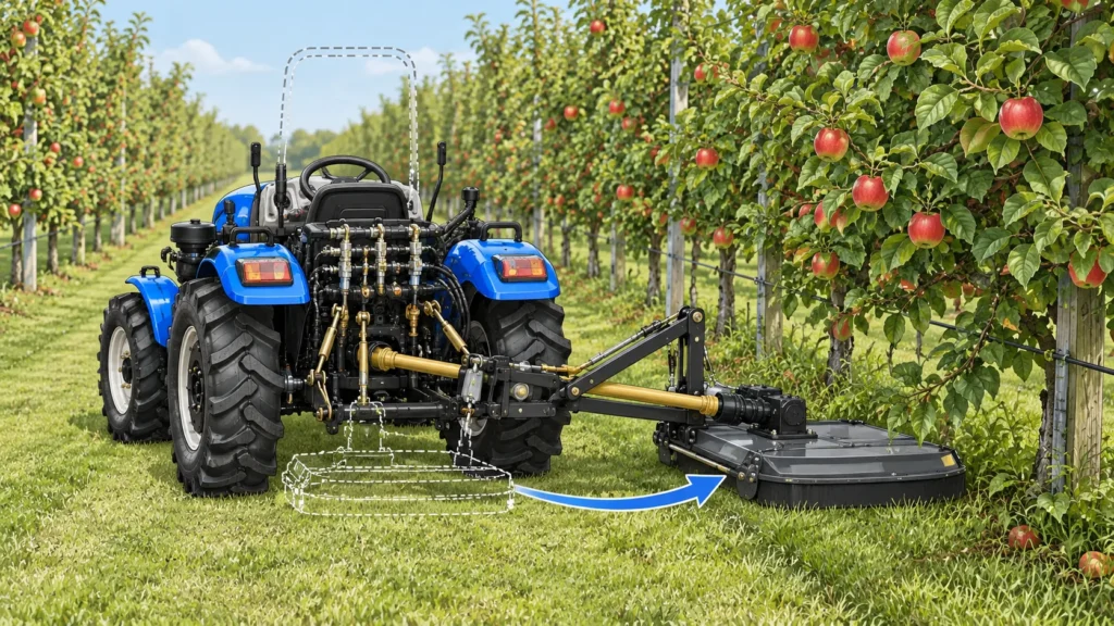 Illustration of an offset mower extending beneath apple branches while a blue low-profile tractor stays in the orchard alley