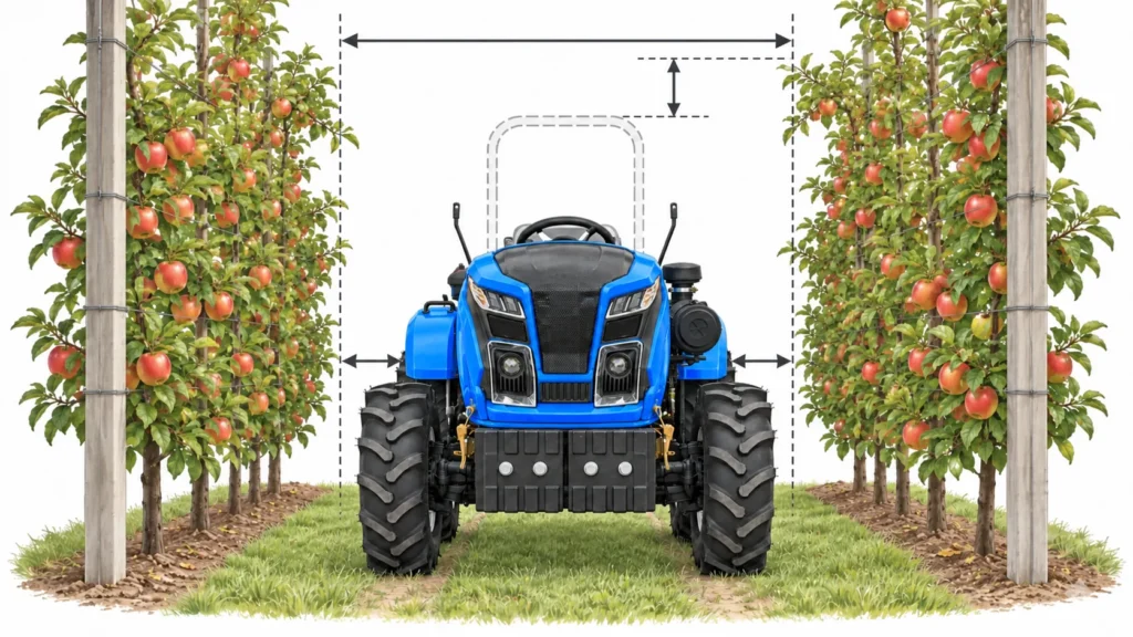 Illustration of blue low-profile tractor width and overhead clearance between mature trellised apple rows
