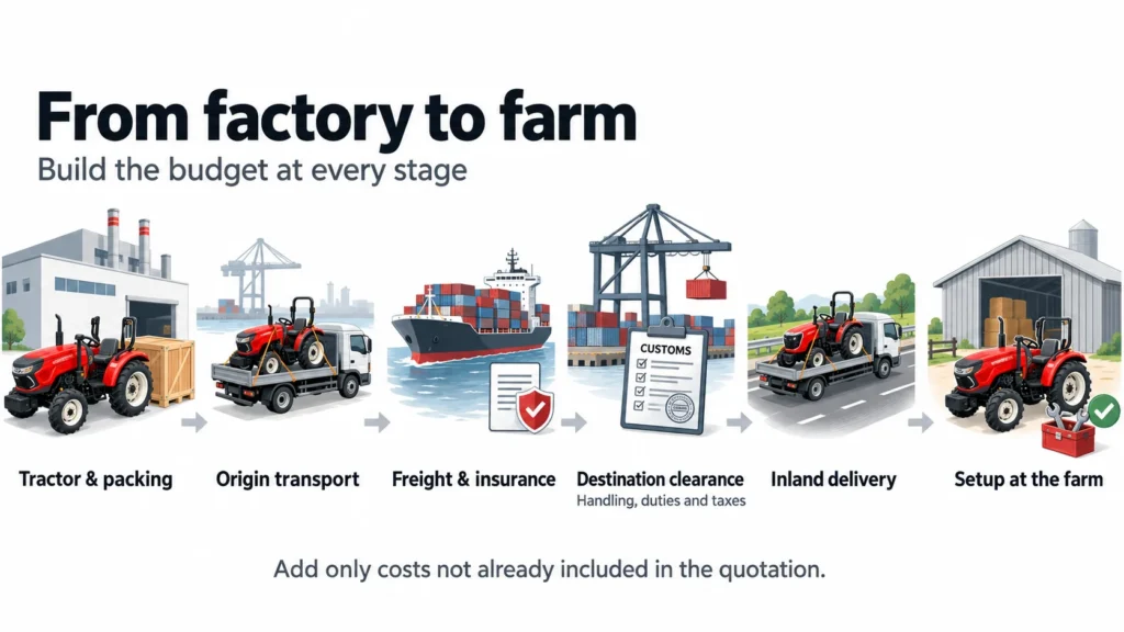 Imported farm tractor cost breakdown from the factory through shipping, customs clearance and inland delivery to the farm