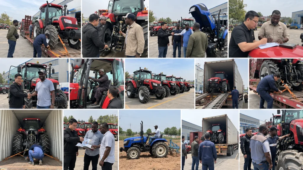 Collage montrant des expositions de tracteurs, des visites de clients et des tracteurs en cours de chargement dans des conteneurs d'expédition