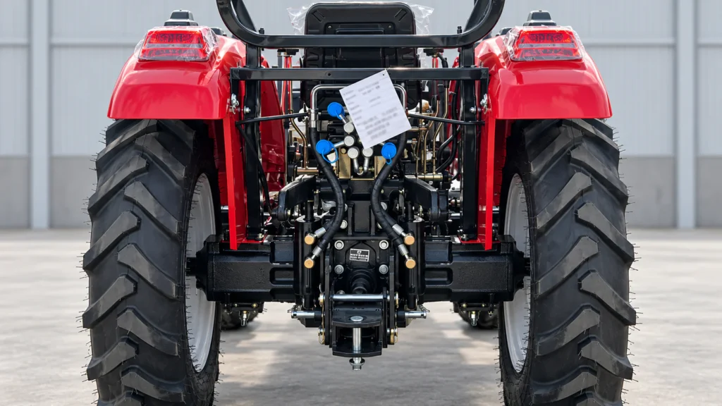 Rear view of a red utility tractor showing rear linkage and blue-capped hydraulic couplers