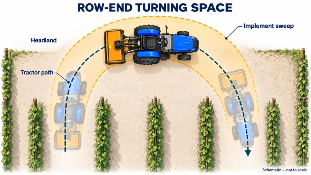 Top-view diagram showing a vineyard tractor’s turning path and the space swept by its attached implement at a row end