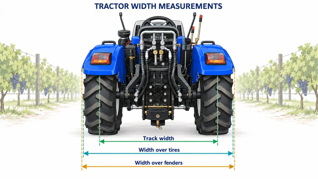 Vineyard tractor rear-view diagram showing track width, width over tires and width over fenders