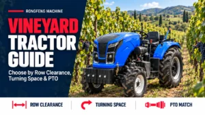 Vineyard tractor selection guide cover showing a blue narrow tractor between vine rows with row clearance, turning space and PTO checks