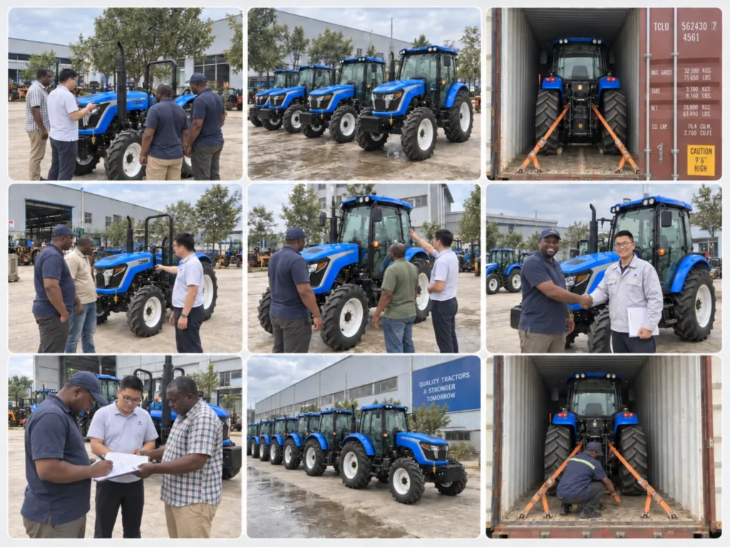 Collage showing tractor displays, customer visits and tractors being loaded into shipping containers